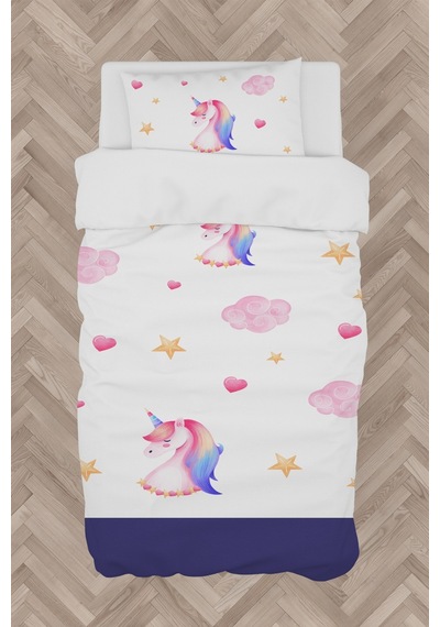 Mekta Home Bebek Ve Çocuk Odası Unicorn Ve Seksek Desenli Lacivert Nevresim Takımı