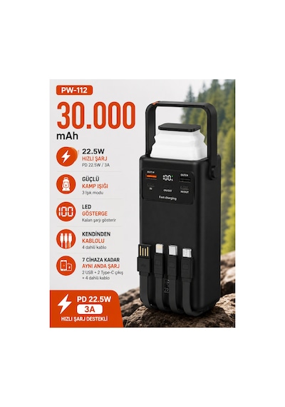 30.000 Mah Powerbank 22.5w Hızlı Şarj Lcd Ekran 4 Çıkış 4 Kablo Kamp Işıklı Taşınabilir Batarya Siyah