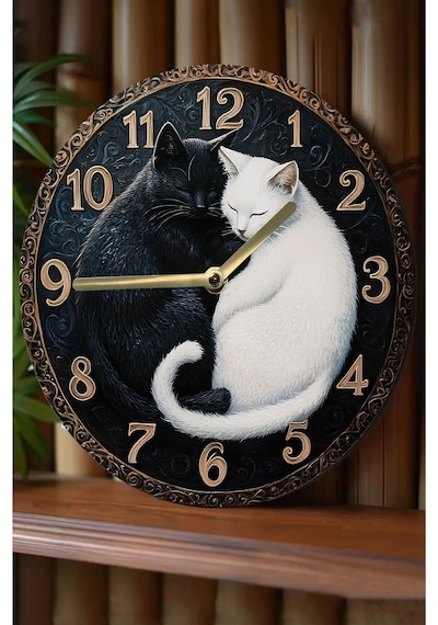 Siyah Ve Beyaz Kedi Figürlü Mdf Duvar Saati Çift Katmanlı Sessiz Mekanizmalı 33 Cm Sdw033 Renkli
