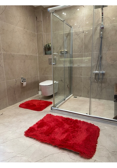 Tavşan Kırmızı Kaymaz Tabanlı 2'li Banyo Halısı Seti