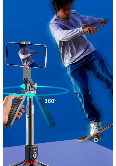 360 Derece Dönebilen Profesyonel Fotoğraf Video Çekme Tripodu Selfie Çubuğu 2.2mt Uzayan Kumandalı