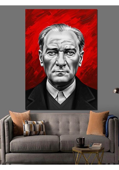 Kırmızı Arkaplan Atatürk Portresi Dekoratif Kanvas - Mdf Ahşap Tablo
