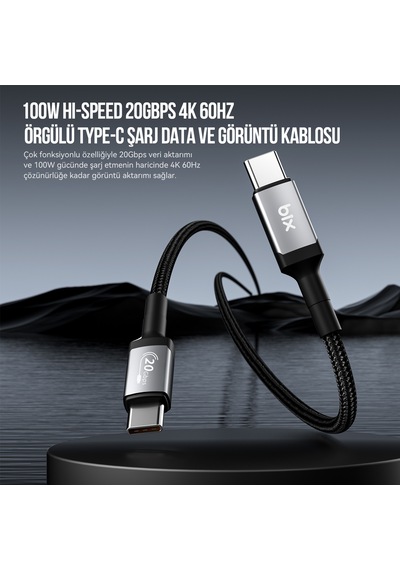 Bix BX07CC 100W 20 GBPS  Şarj Data Ve Görüntü Kablosu Siyah