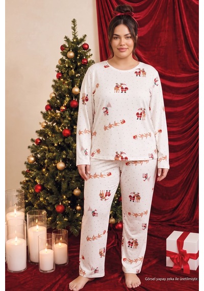 Siyah İnci Ekru Yılbaşı Temalı Termal Kumaşlı Ultra Soft Yumuşak Büyük Beden Battal Boy Örme Pijama Takımı 26226729