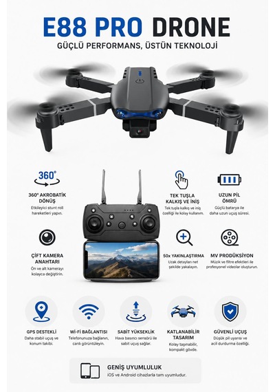 E88pro-e99pro 2.4ghz Katlanbilir Drone 720p Sabit Kalabilme Telefon Tutuculu Kumanda Tek Tuş İniş Kalkış