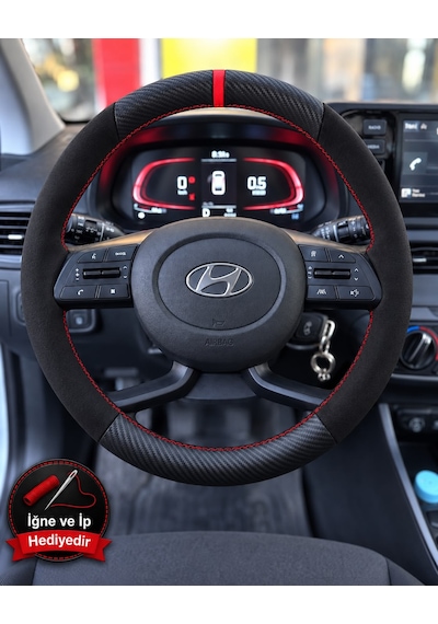 Hyundai İ10 Dikme Direksiyon Kılıfı Alcantara Süet Mat Karbon Kırmızı Yüzük Ve Dikiş 2020-2026 Siyah