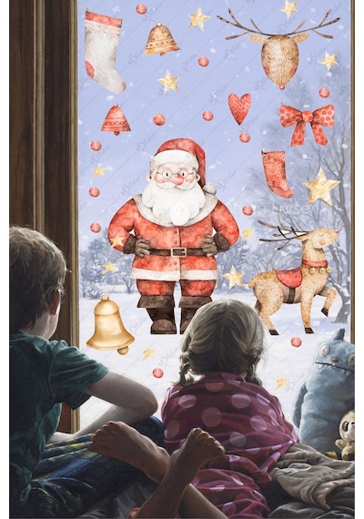 Yılbaşı Noel Babalı Cam Duvar Süsü, Yeni Yıl Geyik Yıldızlar Ve Santa Claus Sticker Seti Dijital Baskı