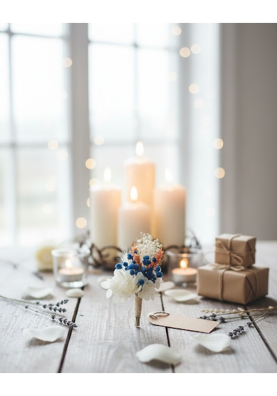 Beyaz Ortancalı Kuru Çiçek Damat Yaka Çiçeği, Nikah, Nişan Ve Düğün Aksesuarı Lacivert