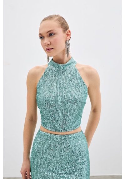 Sateen Kolsuz Payetli Bluz - Mint-135517 Mint