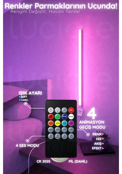 50 Cm Ses Müzik Duyarlı Uzaktan Kumandalı Led Abajur - Yatak Üstü, Tv Yanı ,oturma Odası