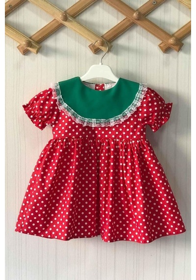 Yeşil Krep Yaka Dantel Detaylı Kız Çocuk Bebek Çilek Pamuk Elbise 001