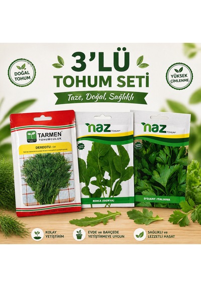 Naz Tohum Evde Doğal Tarım 3 Lü Tohum Seti Dereotu, Roka, Maydanoz 3 Adet