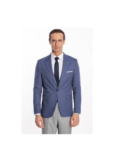 Wessi Çizgili Slim Fit Mavi Erkek Ceket Siyah