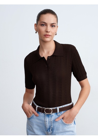 Dilvin 10781 Polo Yaka Ajurlu Triko Bluz-koyu Kahve
