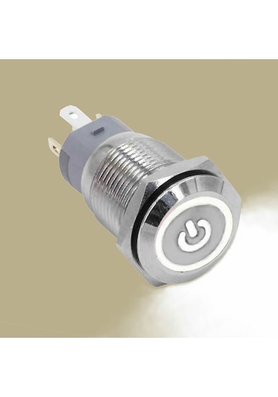 16mm Metal Buton Beyaz Power Sembol Led Işıklı Panel Montaj Düz Kafa Kilitlemeli Dc 6a 12v Ip67 Düğm
