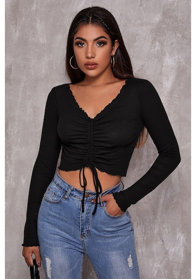 Epilons Zenvial Kadın Siyah Uzun Kollu Büzdürme Bağcık Detaylı Crop Top Bluz Zenviall2