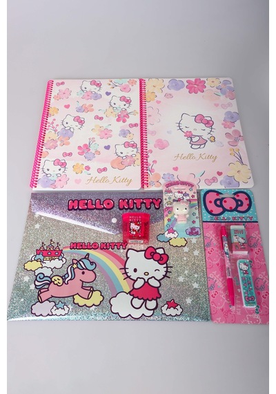 "dekomus Islak Mendil Hediyeli" Lisanslı Hello Kıtty 8 Parça Kırtasiye Seti 2 Adet Çizgli A4 Defter,versatil Uçlu Kalem,silgi,dosya Altın