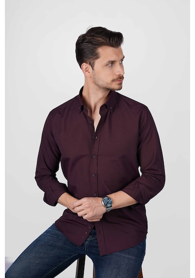 Koyu Bordo Yaka Düğmeli Premium Şamre Slimfit Erkek Gömlek Koyu Bordo