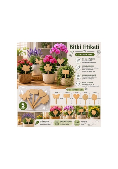 Arliadesign Kişiye Özel Ahşap Bitki Etiketi 5'li Set / Kelebek, Bulut, Kalp, Papatya, Ve Dikdörtgen Şekilli 3 Mm Ham Mdf Saksı Mini Bahçe Etiketi