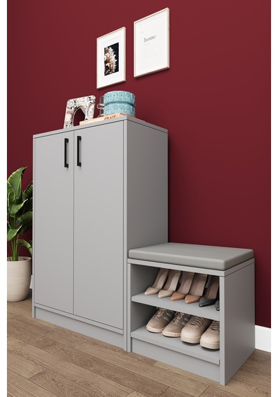 Asra Trend Puflu Ayakkabılık A-23 %100 MDF Minderli Geniş Portmanto Kül Gri
