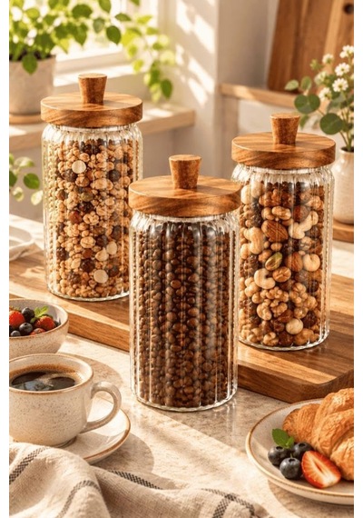 3'lü Akasya Ahşap Kapaklı Çizgili Cam Kavanoz Seti 950 Ml - Vakumlu Erzak Bakliyat Kabı Diğer