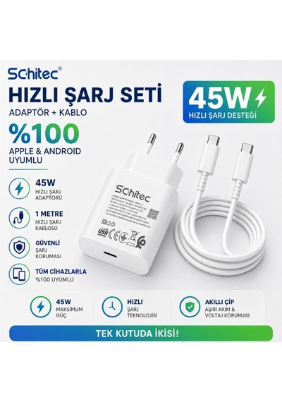 Schitec 45w Hızlı Şarj Adaptörü Ve 1 Metre Type-c Type-c Hızlı Şarj Kablo Set Beyaz