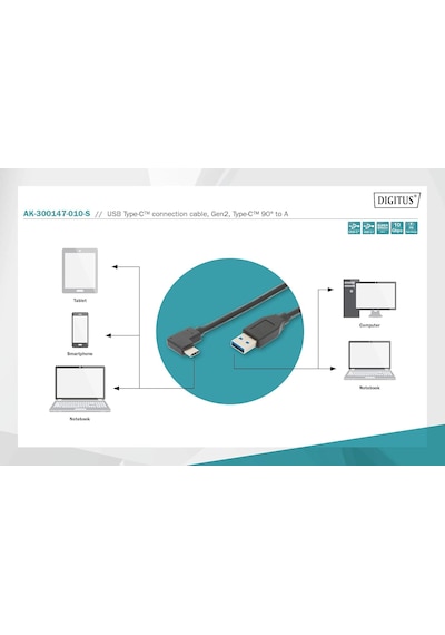 Ak-300147-010-s Usb 3.1 Bağlantı Kablosu, C 90ø, A Ya Dirseklenmiş M/m, 1,0m, Tam Donanımlı, Ge Standart