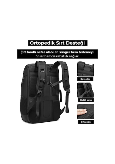 Ayakkabı Bölmeli Su Geçirmez Spor & Seyahat Sırt Çantası 30l 17 Laptop Bölmeli Siyah