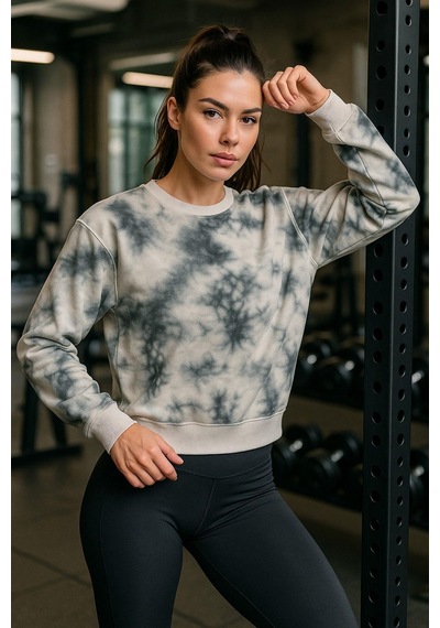 Kadın Batik Desen Bisiklet Yaka Renkli Oversize Relaxed Uzun Kollu Sweatshirt Gri