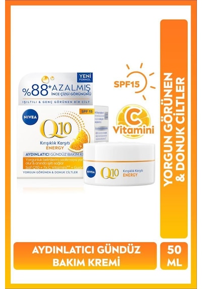 Nıvea Q10 Energy Kırışıklık Karşıtı Aydınlatıcı Gündüz Yüz Bakım Kremi 50ml, Spf15, C Vitamini, Donuk Cilt