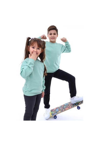 Zuzunga Basic Bisiklet Yaka Şardonlu Çocuk Sweatshirt 3-10 Yaş Krem Suyeşil Suyeşili