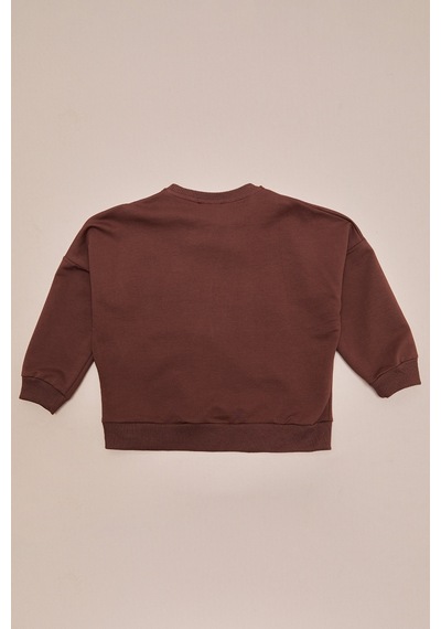 Fullamoda Kabartma Baskılı Oversize Kız Çocuk Sweatshirt Kahve