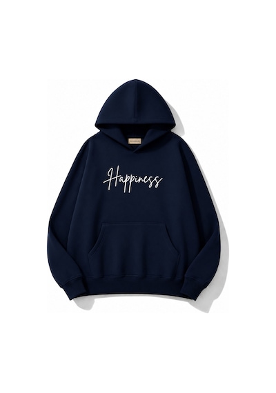 Herkesemoda Happines Baskılı Kapüşonlu 2 İplik Şardonlu Sweatshirt Lacivert