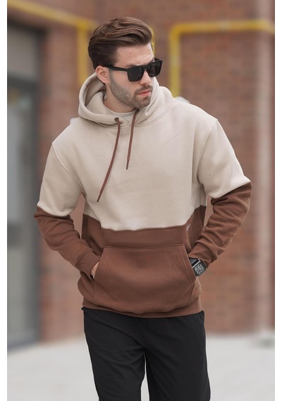 Madmext Bej Kapüşonlu Renk Bloklu Baskı Detaylı Erkek Sweatshirt 7046