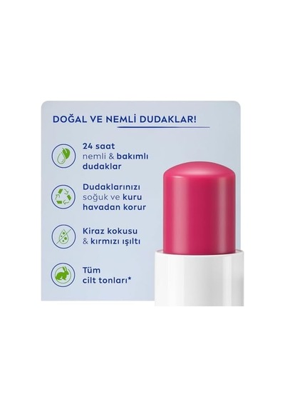 Kiraz Dudak Bakım Kremi, 24 Saat Nem, Dudak Bakımı, Kiraz Kokusu, Hafif Kırmızı Işıltı 4,8gr