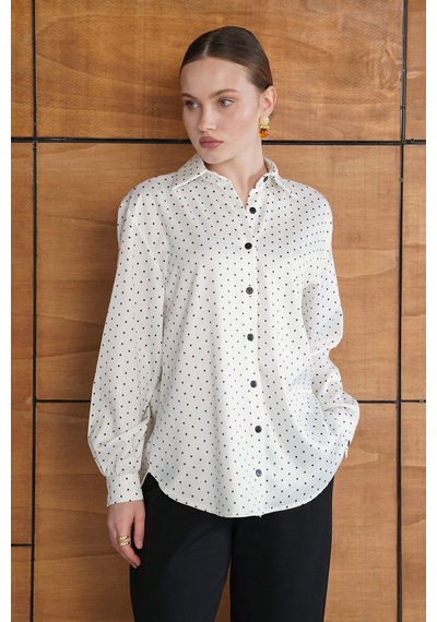 Verymoda Puantiyeli Saten Gömlek - F2076 Krem