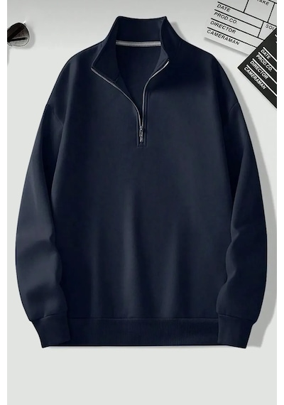 Dik Yaka Yarım Fermuarlı Düz Kazak Sweatshirt - Lacivert