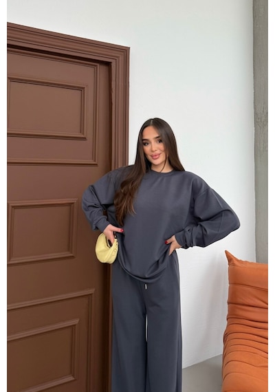 Mezka Basic Yumuşak Premium Kumaş Uzun Beli Lastikli Bol Paça Modal Alt-üst Takım Füme