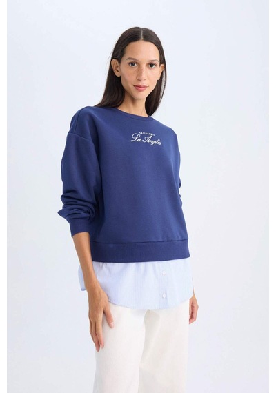 DeFacto Bisiklet Yaka Baskılı Etek Ucu Detaylı Kalın Sweatshirt D5931AX24AUNV42