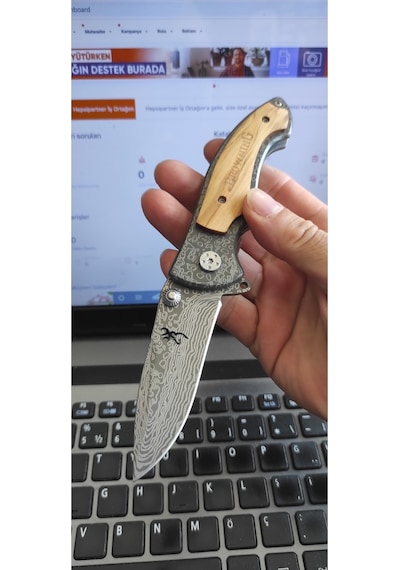 Browning Damascus Görünümlü Kamp Çakı Kahverengi - Gri