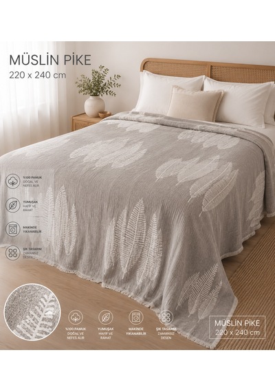 Livoras Home Müslin Çift Taraf Kullanım 220 X 240cm Çift Kişilik Pike Bej Krem Bej - Krem