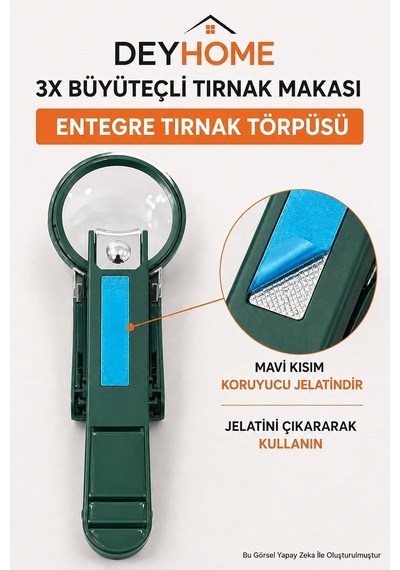3x Büyüteçli Paslanmaz Çelik Tırnak Makası, Törpülü Ve Sıçrama Önleyici, Rahat Tutuşlu Yeşil