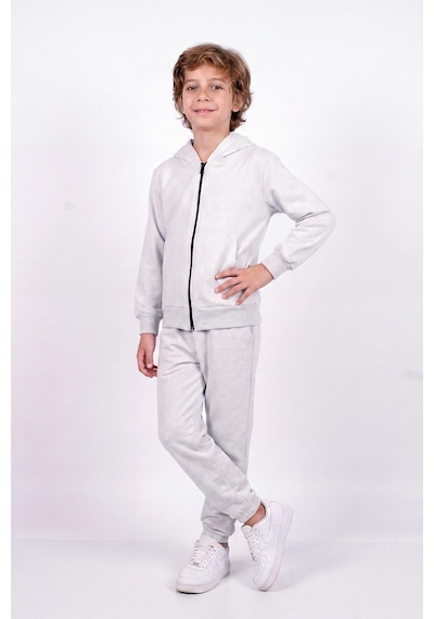 Panios Kids Erkek Çocuk Düz Basic Fermuarlı Kapüşonlu Çift Cepli Eşofman Takımı Gri