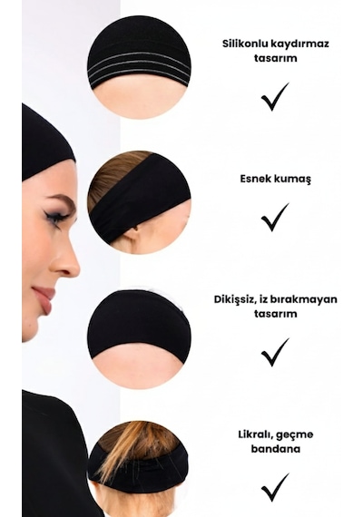 Alivascarf Kaymayan Silikonlu Bandana Bone Siyah - Kadın Tesettür Dikişsiz Kaymaz Geçme - Sportif Saç Bandı