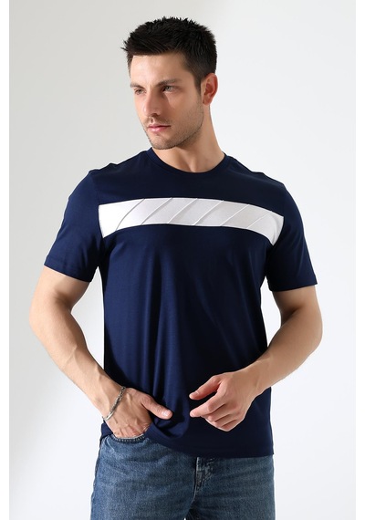 Rıbana Classıc Erkek İki Renk Parçalı Bisiklet Yaka T-shirt - Pamuklu Tişört Lacivert