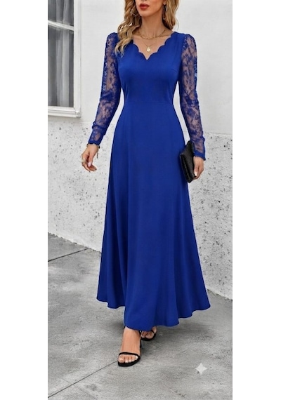 Butik İstanbul Kadın Uzun Kollu Dalgalı V Yakalı Dantelli Uzun Janjan Krep Elbise Saks Mavi