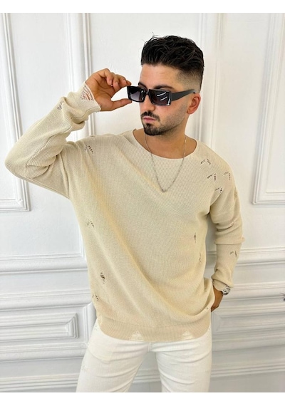 Elku Moda Kazak Naturel Örme Pamuk Tüylenmeyen Yırtık Detaylı Lazer Kesim Triko Kazak Krem