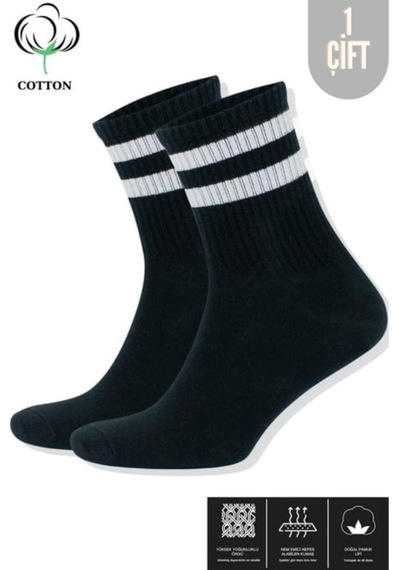Burçak Çorap Unisex Çizgili Kolej Tenis Çorabı - %80 Pamuklu, Nefes Alabilir Ve Terletmez 6'lı Siyah