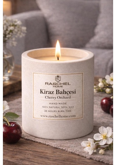 Raschel Home %100 Doğal Dekoratif Premium Extra Yoğun Esans Kokulu 170 Cc Kum Renk Beton Mum 35 Saat Yanma Kiraz Bahçesi