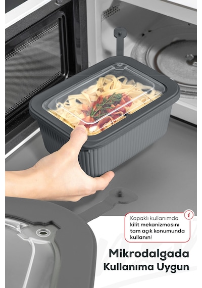 Vienev 3'lü Vip Dikdörtgen Mikrodalga Ve Difrize Uygun Saklama Kabı Seti Gri 1x 1750,1050,600 Ml Antrasit